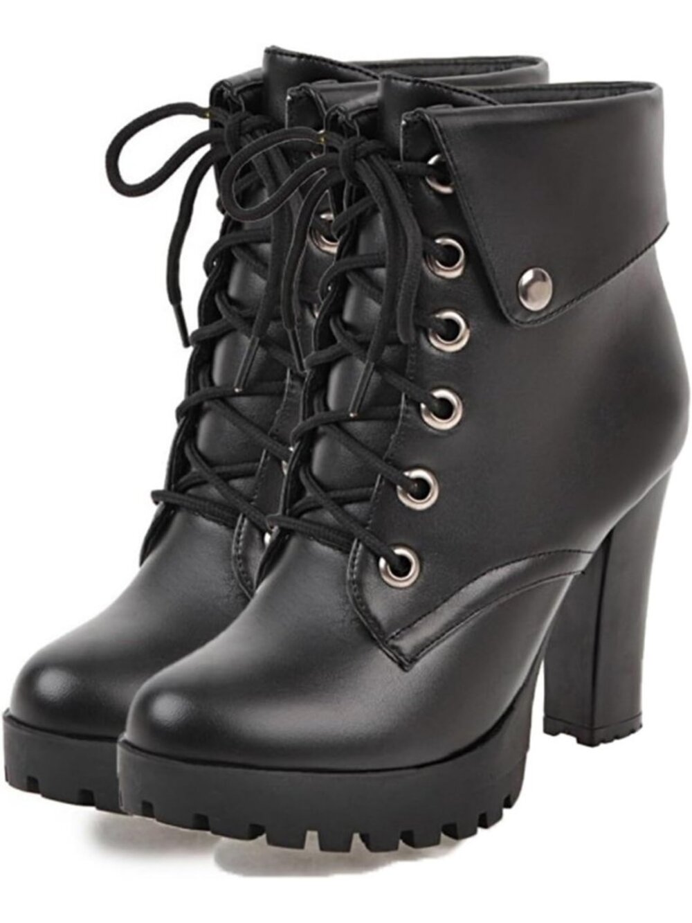 Women's Black Buckle Rivet Goth Block Heel Round Toe Zipper Ankle Boots